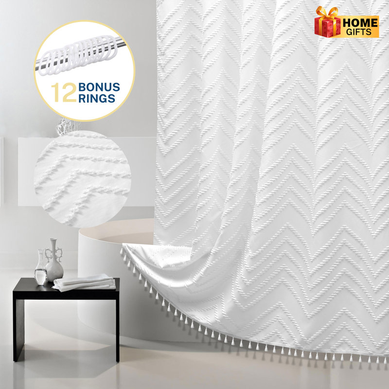 Rideaux de douche à chevrons texturés, boho, lavables à la machine, Blanc