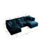 Canapé d'angle en chenille bleue en forme de U, 5 places avec repose-pieds réversible et 2 poufs, structure en bois massif, revêtement de qualité et fabrication soignée.