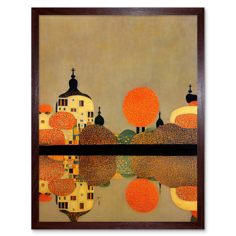 Klimt Style Autumn Lakeside Town Church - Print, Brown Framed Unframed, 43cm H x 33cm W x 2cm D