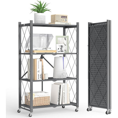 Heavy-Duty 4-Tier Folding Storage Shelf With Wheels, No Assembly Required Metal Organizer Rack, Collapsible Shelving Unit For Garage Kitchen Pantry Ba