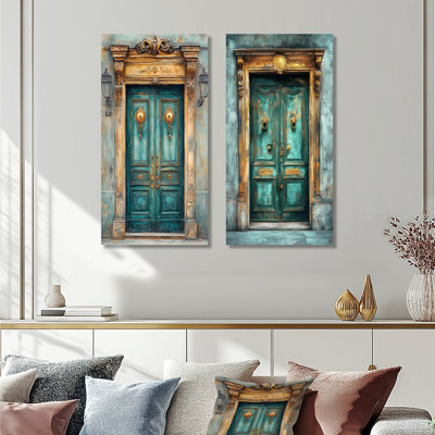 Green Parisian Door In Turquoise I - City Paris Wall Art 2 Pieces Set