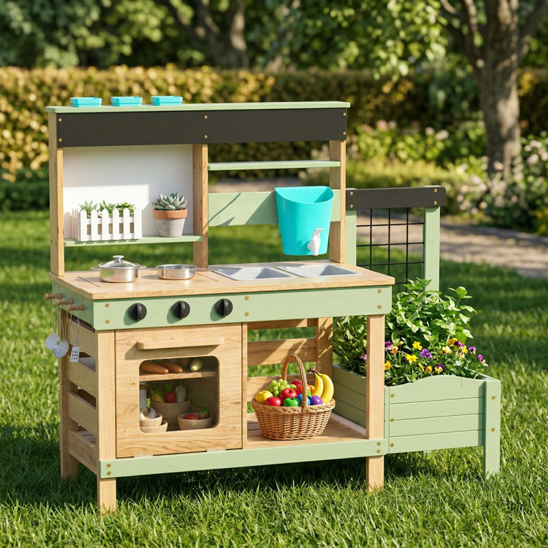 Kids Wooden Outdoor Mud Kitchen Playset With Plant Growing Box, Removable Sink, Oven, Stove & Kitchen Accessories, Pretend Play Kitchen For Backyard And Garden