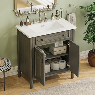 Meuble-lavabo vintage avec lavabo, armoire de salle de bain rustique avec portes à fermeture douce et tablette réglable