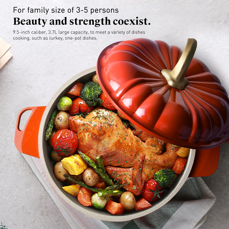 Pumpkin Dutch Oven 4.1 QT With Lid - Orange Enamel Cast Iron Cooking Pot