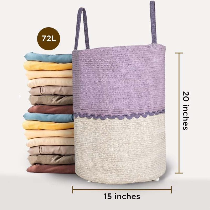 Panier à linge pliable en corde de coton Folkulture avec poignées, lilas sauge (70 L), Soft Lilac