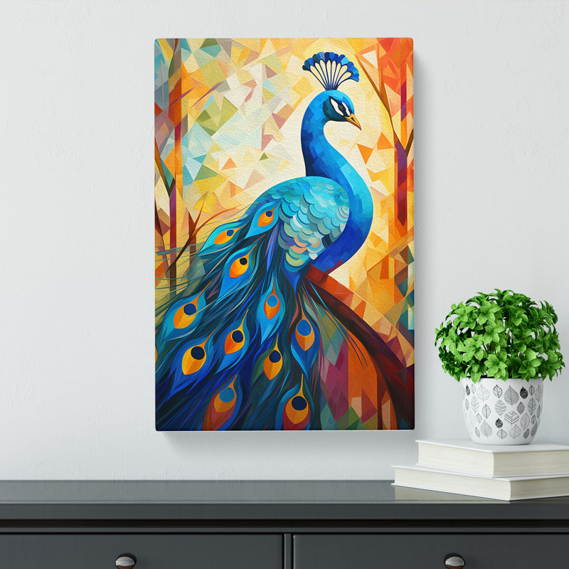 Peacock Cubism - Wrapped Canvas Print, 60cm H x 40cm W x 3cm D
