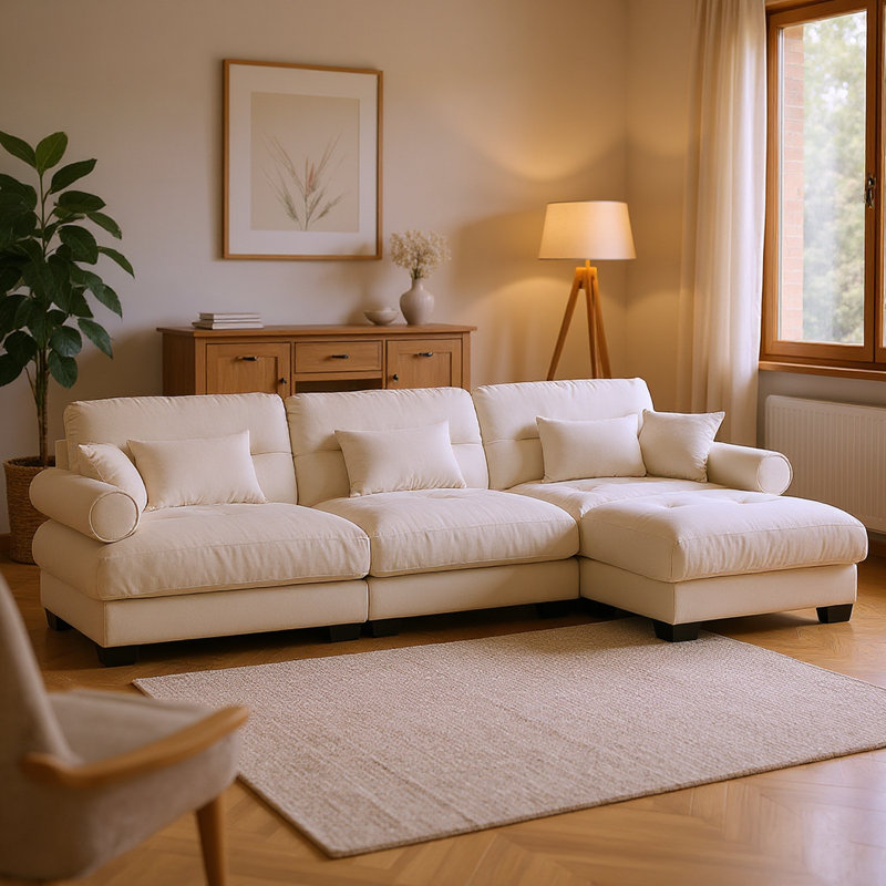 Canapé de réception modulaire en velours crème de 130 po avec repose-pieds mobile, siège en forme de nuage profond et accoudoirs renforcés