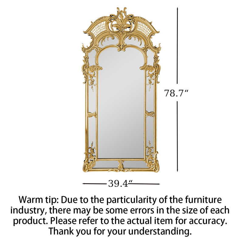 French-Style Carved Wooden Custom-Shaped Frame Full-Length Mirror, Gold, 78.74" H x 39.37" W