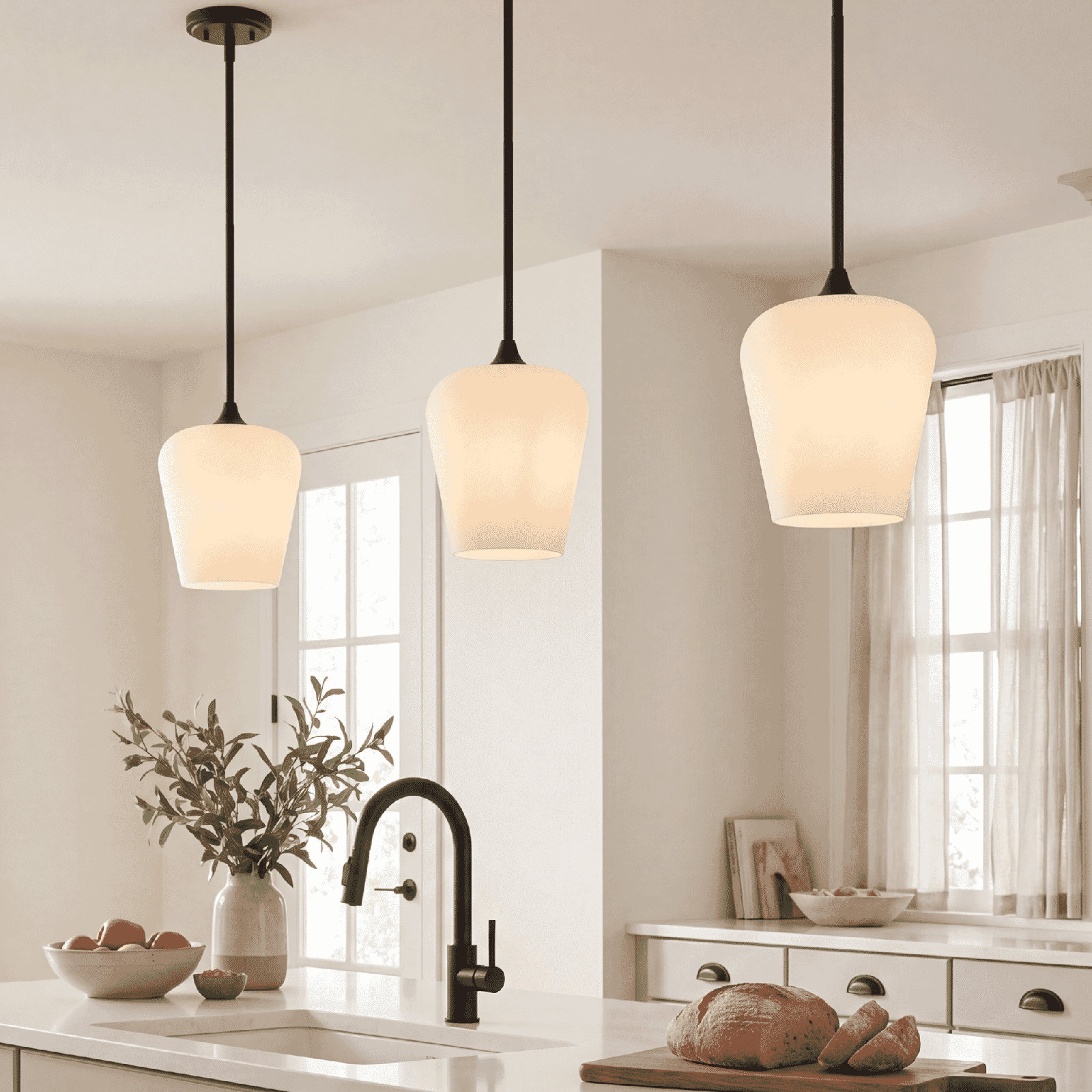 Breena Dimmable Single Light Pendant, White, Matte Black