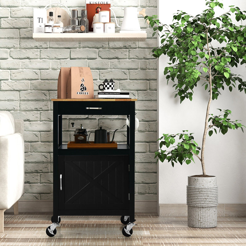 Chariot de cuisine de 22 po de large avec plateau en bois massif Ariahna, Noir