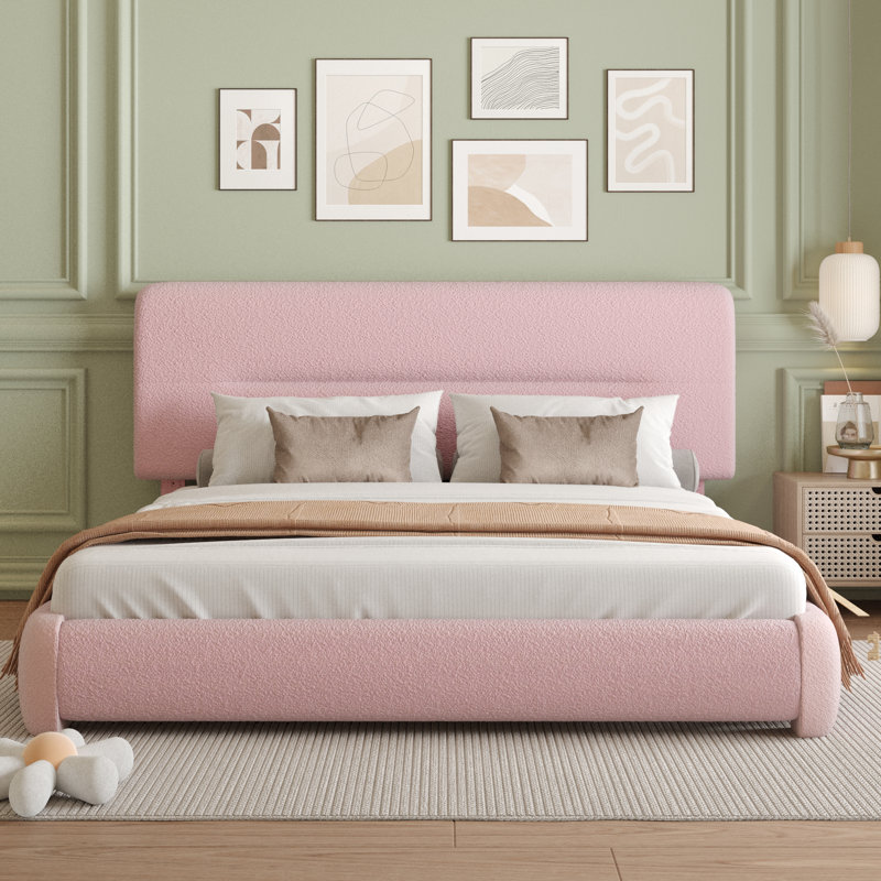 Haden Lambswool Boucle Upholstered Platform Bed Frame with Adjustable Headboard, King, Pink