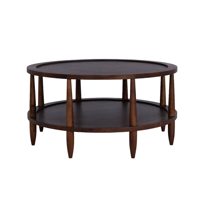 Essence Walnut Haze Solid Wood 2 - Tier Round Coffee Table with Storage Shelf