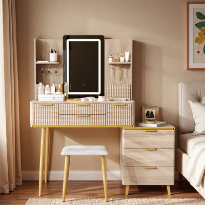 Fluted Vanity Desk With Led Mirror, Metal Legs, Jewelry Storage, 7 Drawers And Pu Stool
