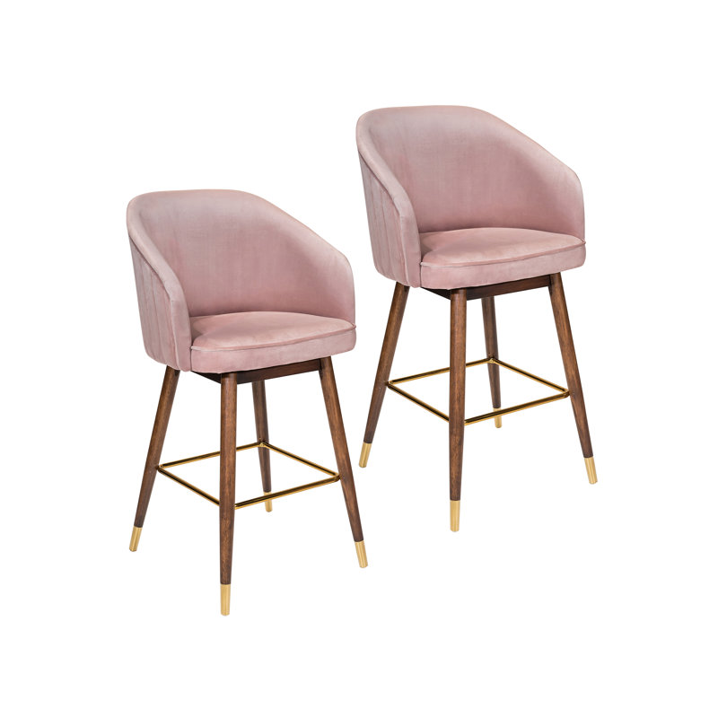 28'' Velvet Upholstered Bar Stool with Rubberwood Legs, Pink