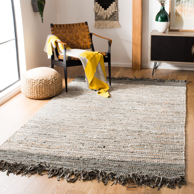 Exley Vintage Leather Hand Woven Leather Cotton/Jute Striped Rug in Gray, Rectangle 6' x 9'