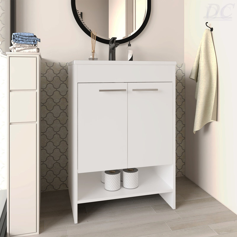 Meuble-lavabo Lorenzo avec quatre tiroirs et deux tablettes ouvertes, Blanc