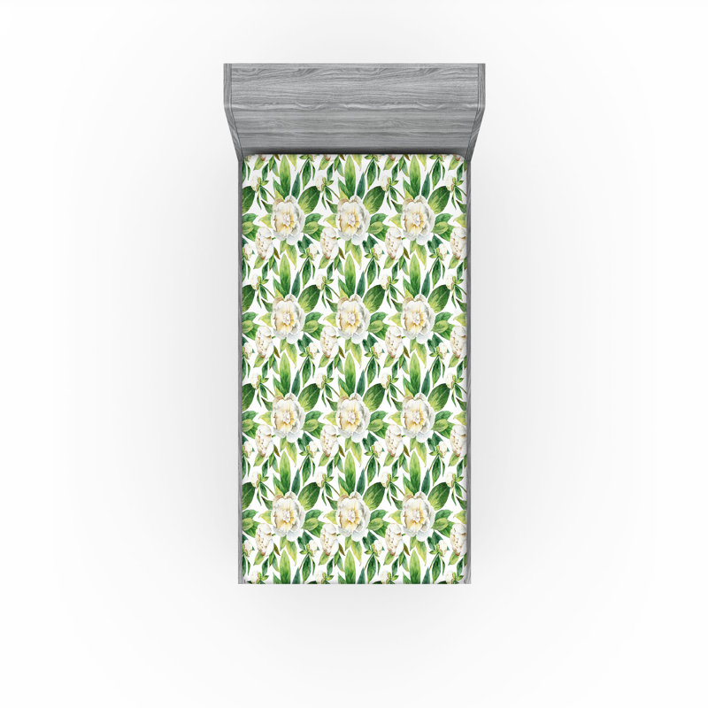 Ambesonne Fitted Sheet, Twin Fitted Sheet, White Cream/Green Floral