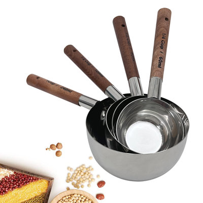 Ensemble de 4 tasses à mesurer en acier inoxydable Nu Steel avec poignées en bois pour les ingrédients secs et liquides, cuisson et cuisson
