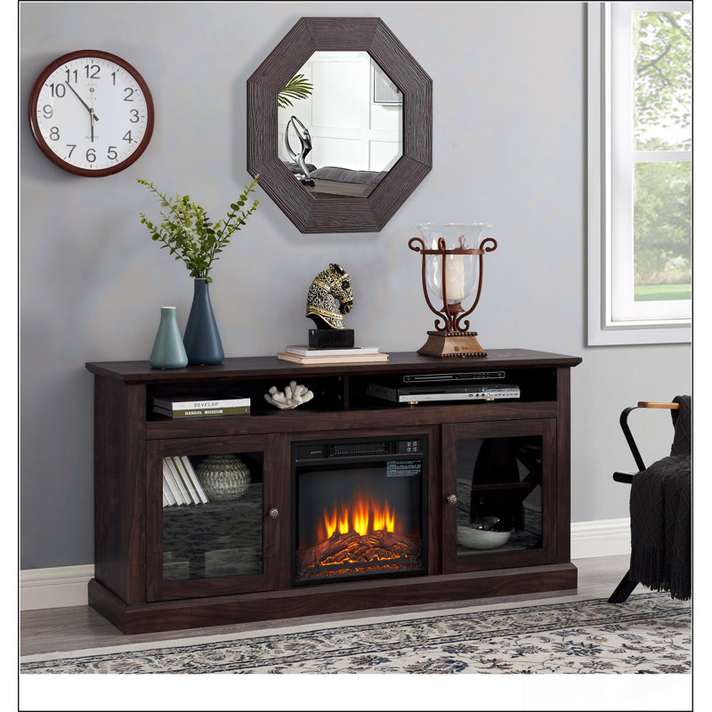 TV Media Stand Entertainment Console with 18" Fireplace Insert for TV Up to 65", Brown