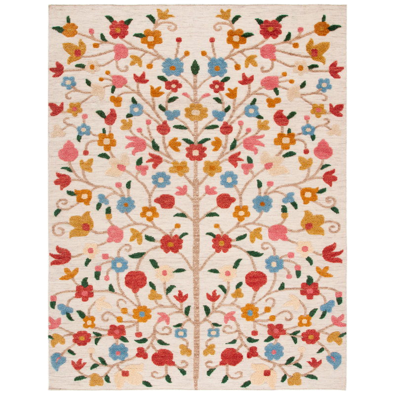 Tapis rose / ivoire en laine / coton noué à la main Sehnaz, Rectangulaire 8 pi x 10 pi