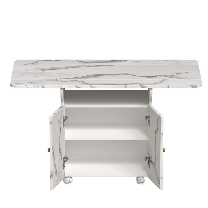 47" Wood Folding Dining Table With Storage Rack And Cabinet, Removable Entryway Table With 6 Wheels, White Marble Colour Kitchen Island, Side Table And Coffee Table Versatile Table