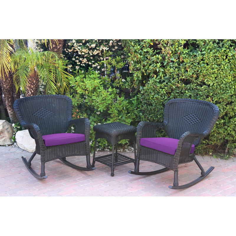 Windsor Resin Wicker Rocker Chair And End Table Set With Cushions, Black, Hunter Green