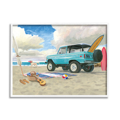Été, plage de sable, croiseur, planche de bord, chien XXL encadré noir, estampe numérique de James Wiens