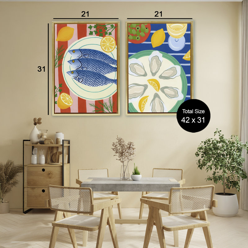 Ensemble de 2 cadres de fruits de mer, Kitchen Designs par Courtney Haley, H 31 po x l 21 po, Cadre flottant métallique doré