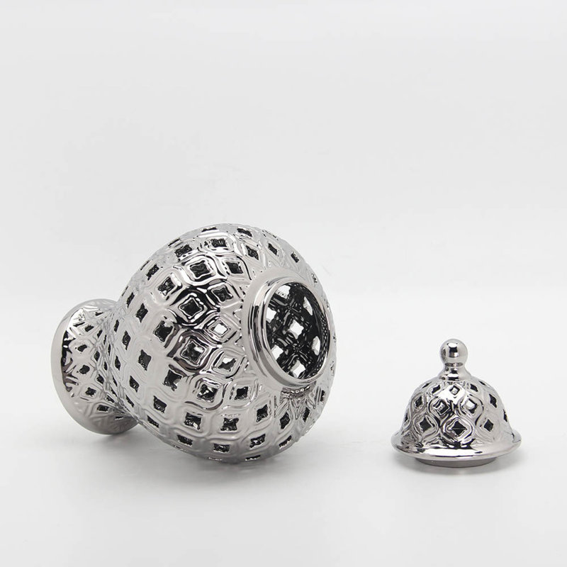 Ava Modern Pierced Lattice Ceramic Ginger Jar with Removable Lid (Not sold as a set), 13" H x 8" W x 8" D, Silver