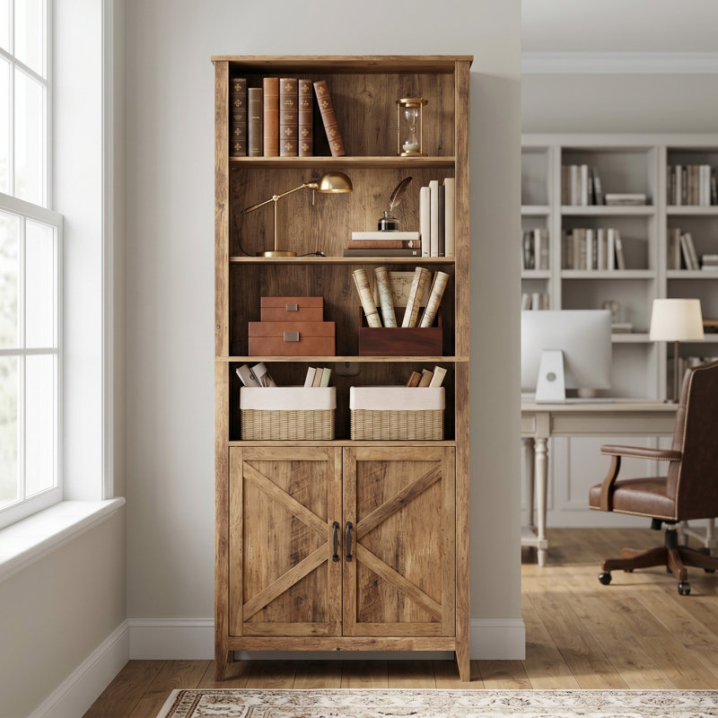 Bibliothèque rustique à 4 niveaux avec armoire, Brun