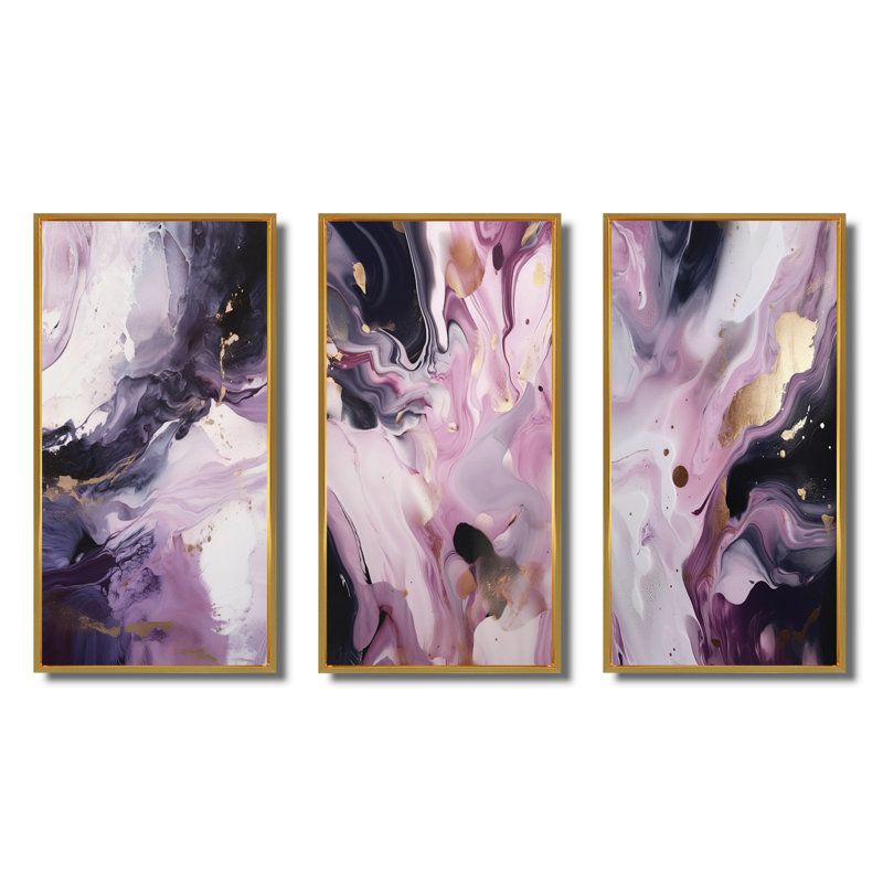 «Electric Marble Ink Art», 3 pièces, H 20 po x l 36 po, Cadre flottant doré