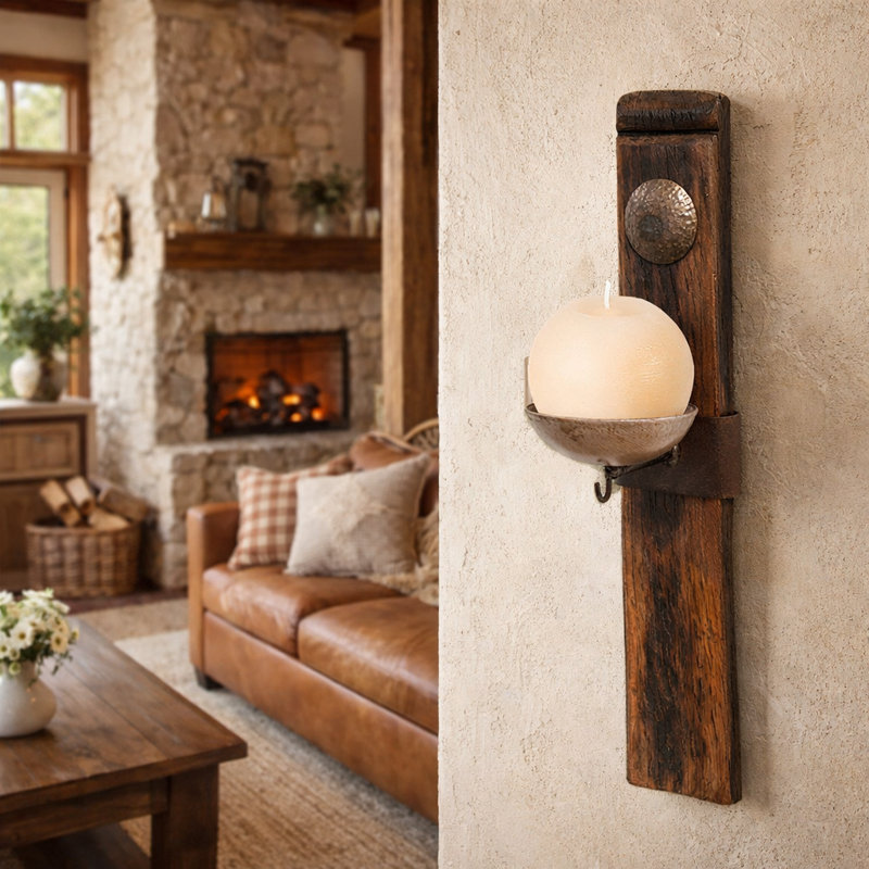 Whiskey Barrel Stave Wall Mounted Candle Holder Features Forged Steel And Clavos