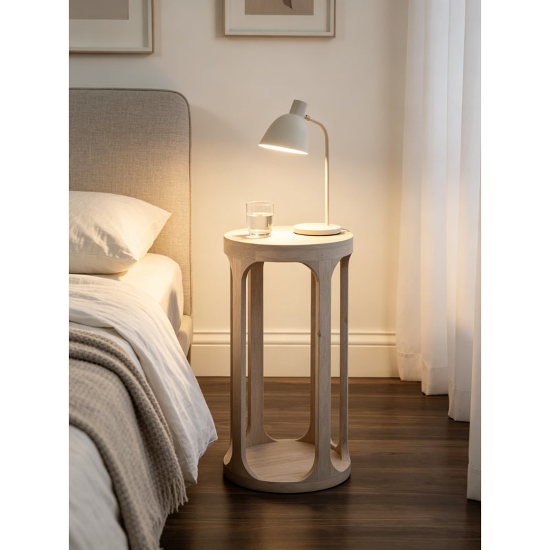 Table à boissons ronde en bois Dahl, table d'appoint à piédestal blanc de 12 x 23 pouces pour le salon, le support à plante ou la petite table de chevet, conception circulaire Boho