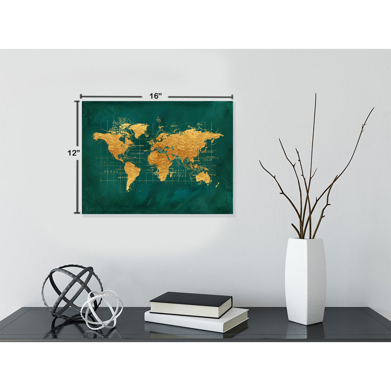«World Map in Golden Chic» par Beth Albert, art graphique sur toile tendue, H 12 po x l 16 po x P 1,5 po