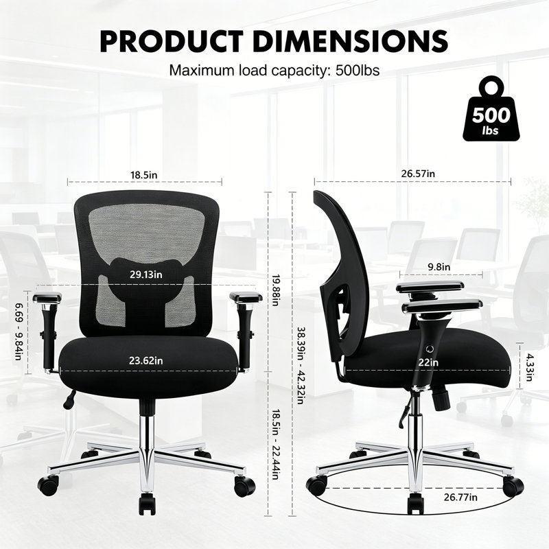 Heavy-Duty Big & Tall Ergonomic Office Chair, 500 lbs Capacity High-Back Mesh Desk Chair with Adaptive Lumbar Support, Black