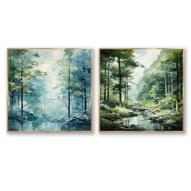 Tranquil Shadows Green Forest - ensemble de 2 carrés de forêt, Cadre flottant doré, H 16 po x l 33 po
