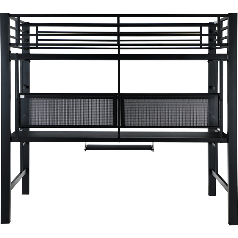 Lit mezzanine double poste de travail complet en noir, avec échelles, garde-corps et espace de travail spacieux pour lit de productivité, finition noire, plateau de rangement pour clavier