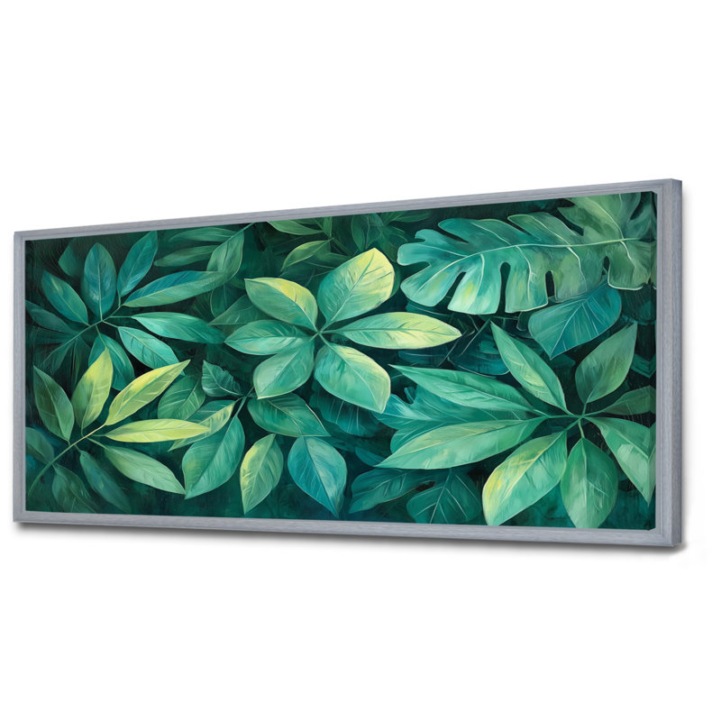 «Green Rainforest Canopy Leaves» - art mural feuilles, Argent argent, H 28 po x l 60 po, Reproduction avec cadre flottant