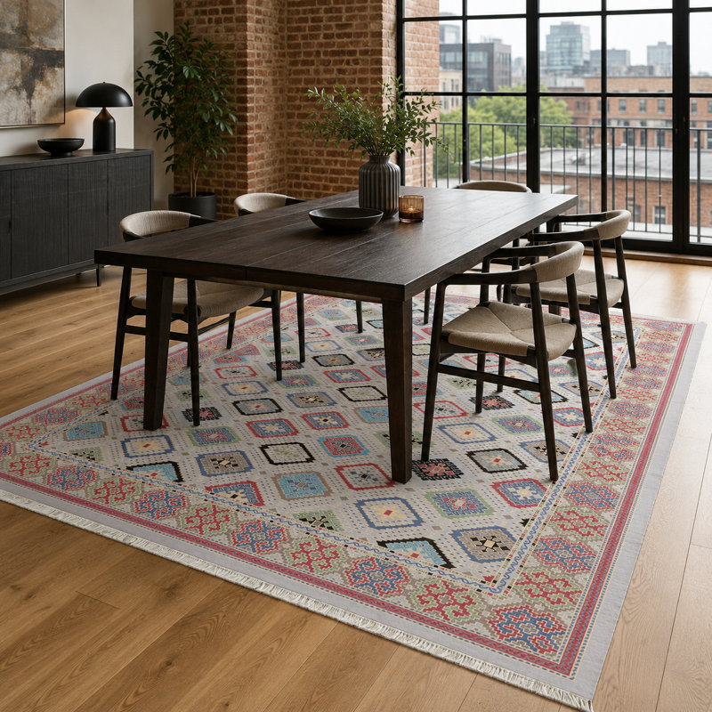 Oriental Cotton and Chenille Flatweave Area Rug, 160 cm round