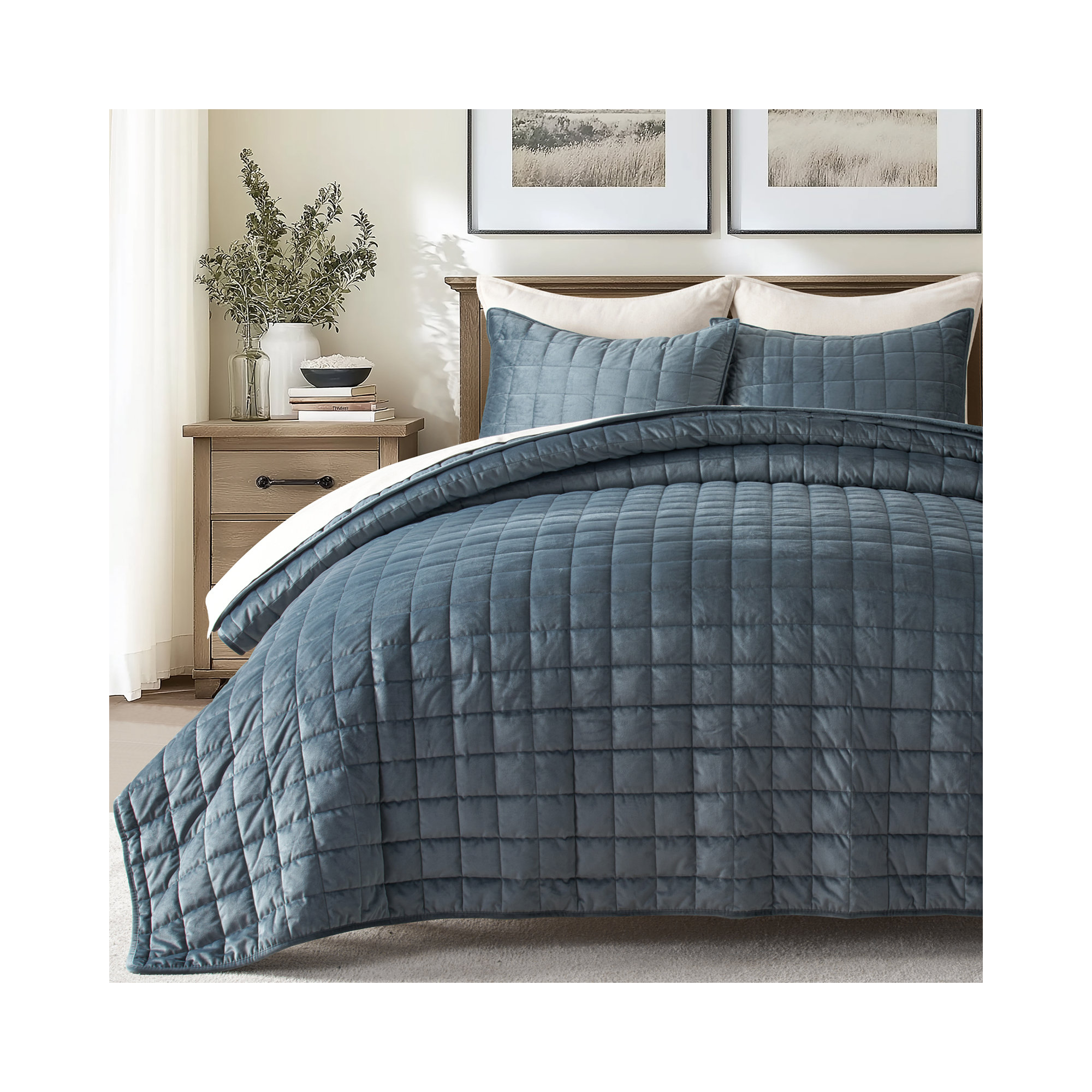 Box Stitch PearlVelvet Quilt set, Stormy Blue, Queen Quilt + 2 Standard Shams