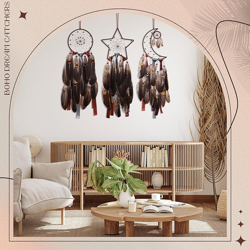 Décoration murale attrape-rêves 3 pièces brun