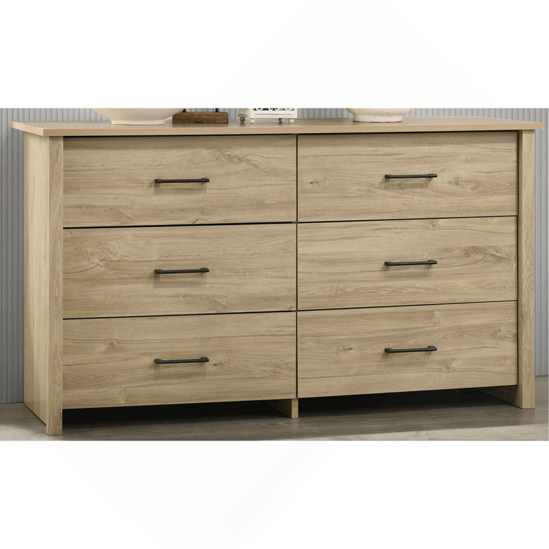 57"W 6-Drawer Dresser With Handles, Light Oak