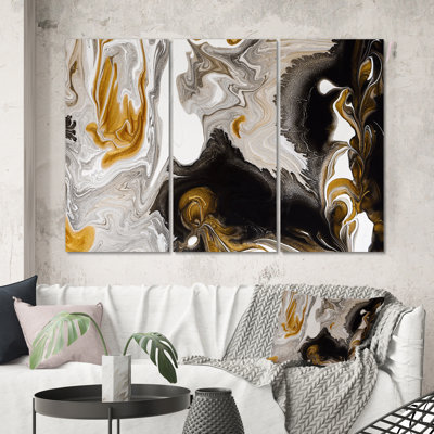 Abstrait abstrait doré, toile de marbre noir moderne - vagues de marbre II