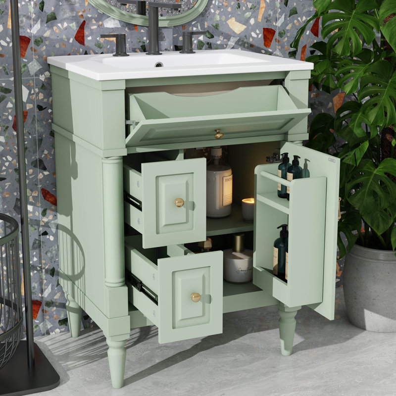 Meuble-lavabo de salle de bain avec lavabo intégré, armoire autoportante avec tiroir rabattable et tablette réglable à l'intérieur