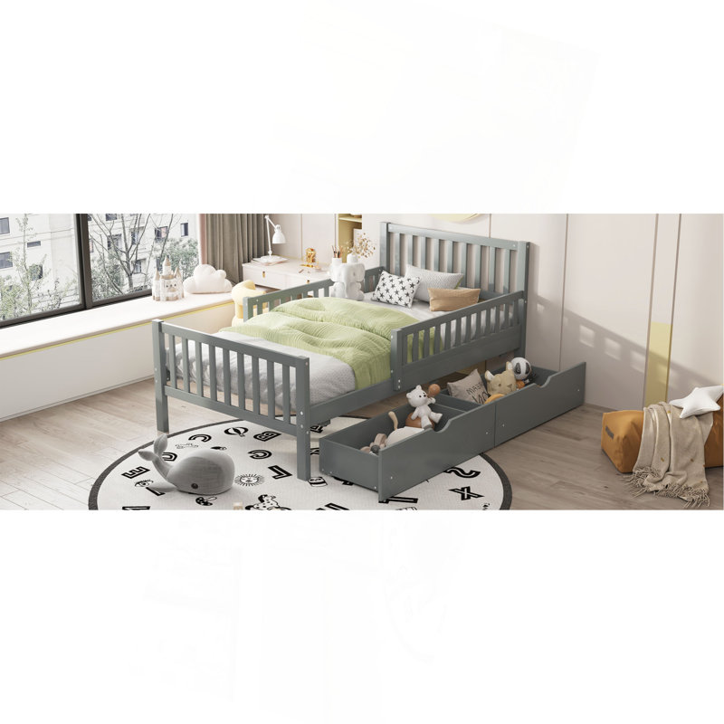 Lit plateforme simple en bois avec garde-corps des deux côtés et deux tiroirs de rangement, Lit simple, Gris