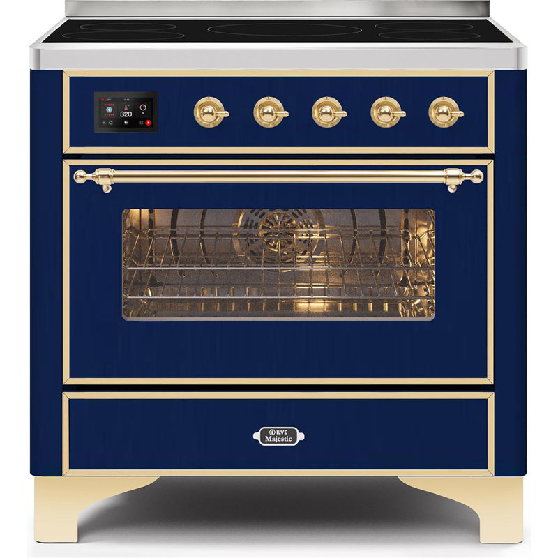 Cuisinière à induction 36 pouces avec 5 éléments à induction ILVE Majestic II Series (porte en verre), Bleu minuit / laiton