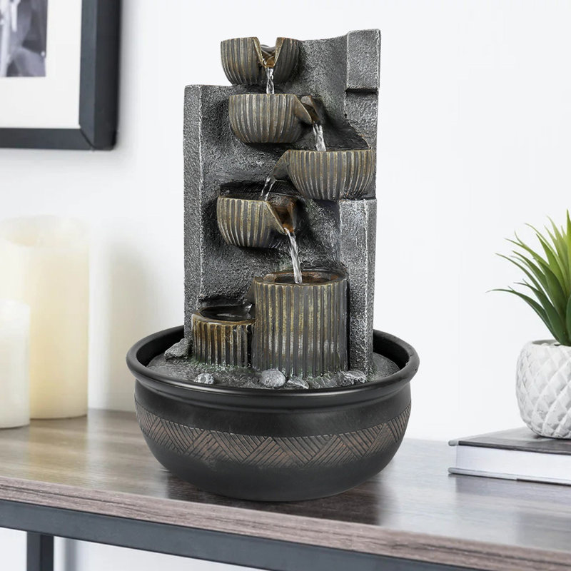 Chermaine Weather Resistant Cascade Fountain with Light, Grey