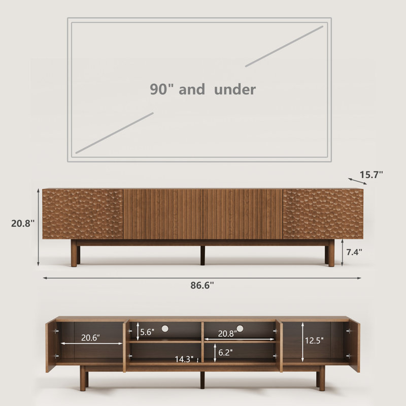 Calli Mid-century modern TV console for TVs 90" and under, with textured doors and cable management