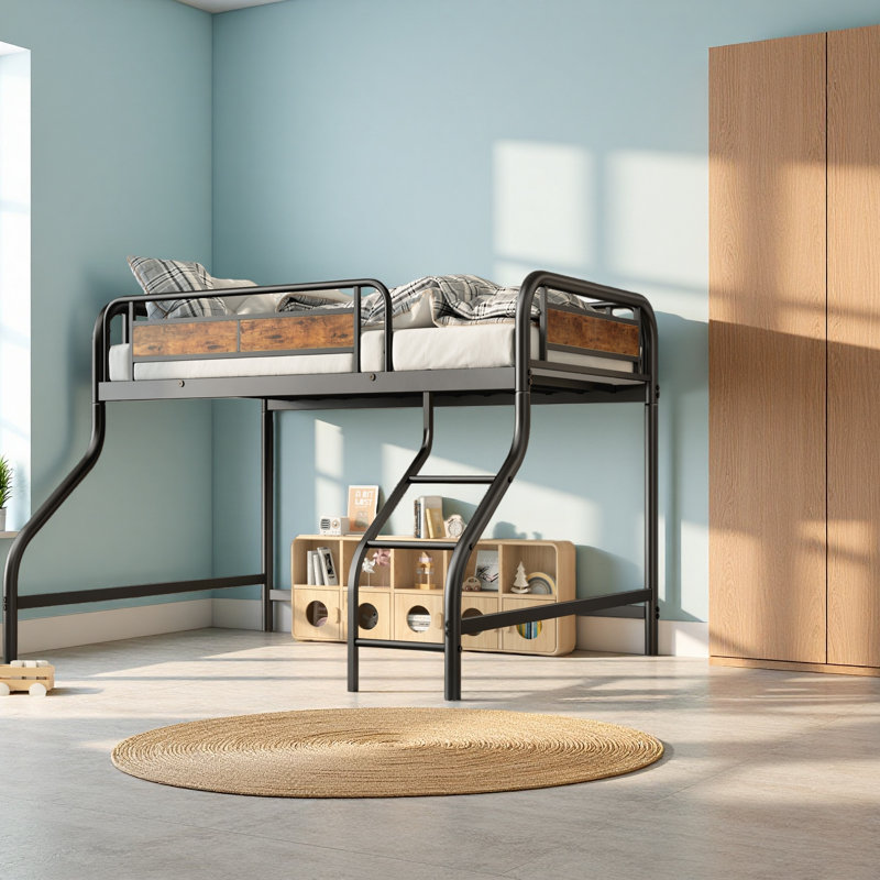 Lit mezzanine bas simple, avec escalier et garde-corps, lourd, peu encombrant
