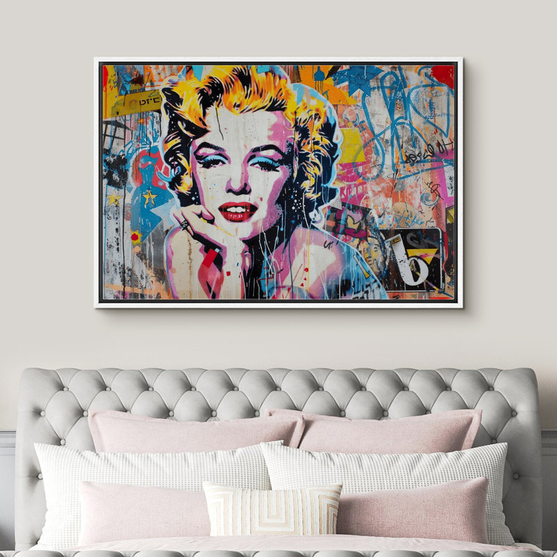 Marilyn Monroe Street Graffiti Portrait, chambre à coucher colorée, impression sur toile encadrée, Cadre blanc